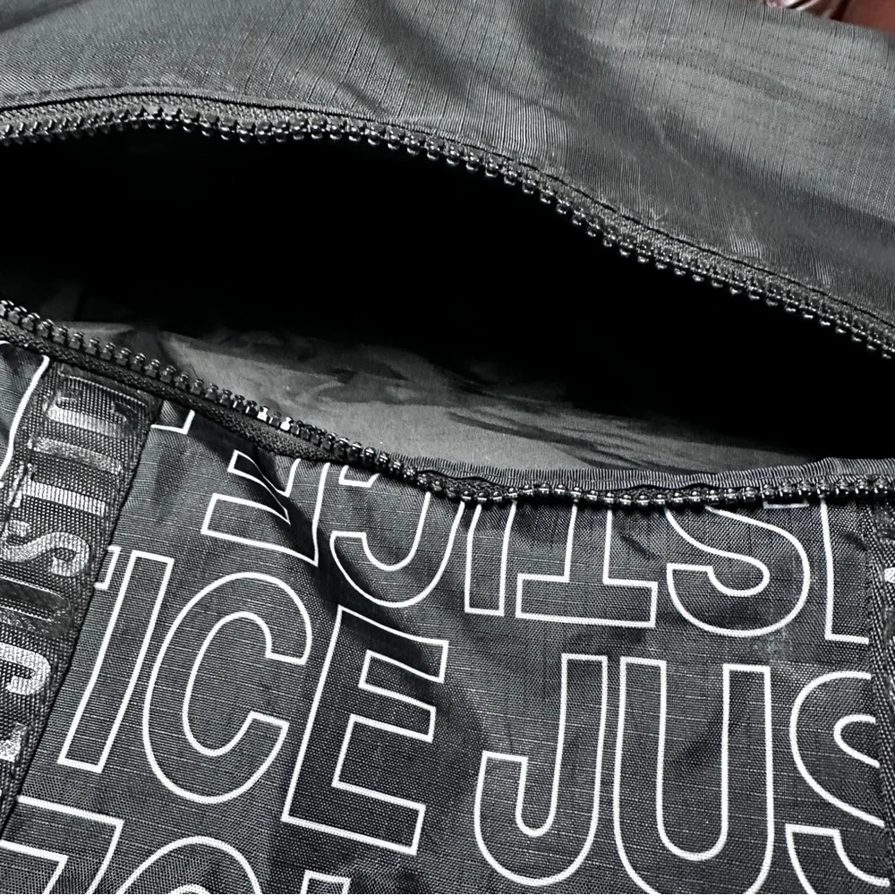 Justice logo black drawstring tote bag overnight dance / sports rucksack Tote